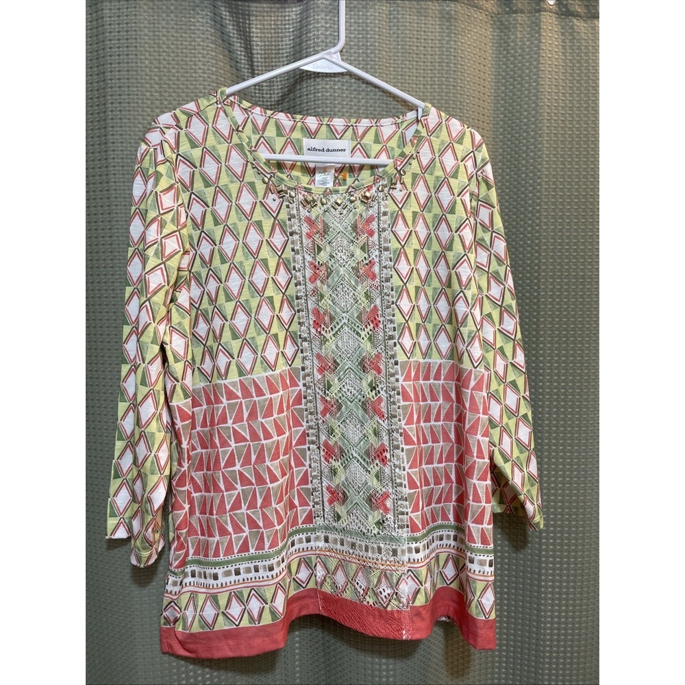 Alfred Dunner 3/4 Sleeve Pullover top Geometric Pattern Large